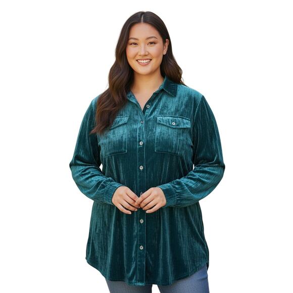 Umgee Whimsigoth Plus Size 1XL Crushed Velvet Button Down Shirt Tunic Jewel Tone - Picture 1 of 12
